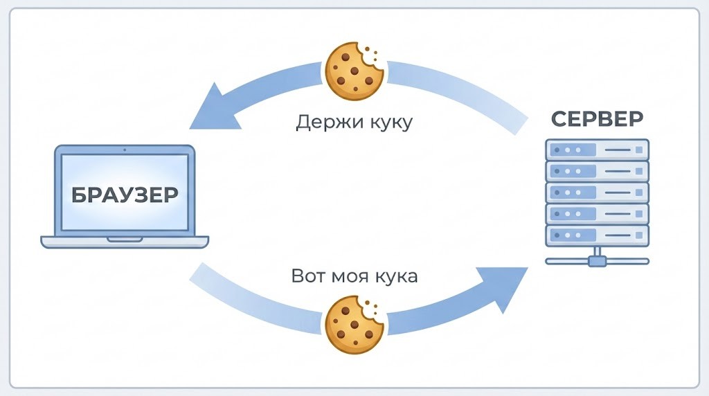 Инфографика: схема работы cookie. Цикл обмена данными между ноутбуком (браузером) и сервером.