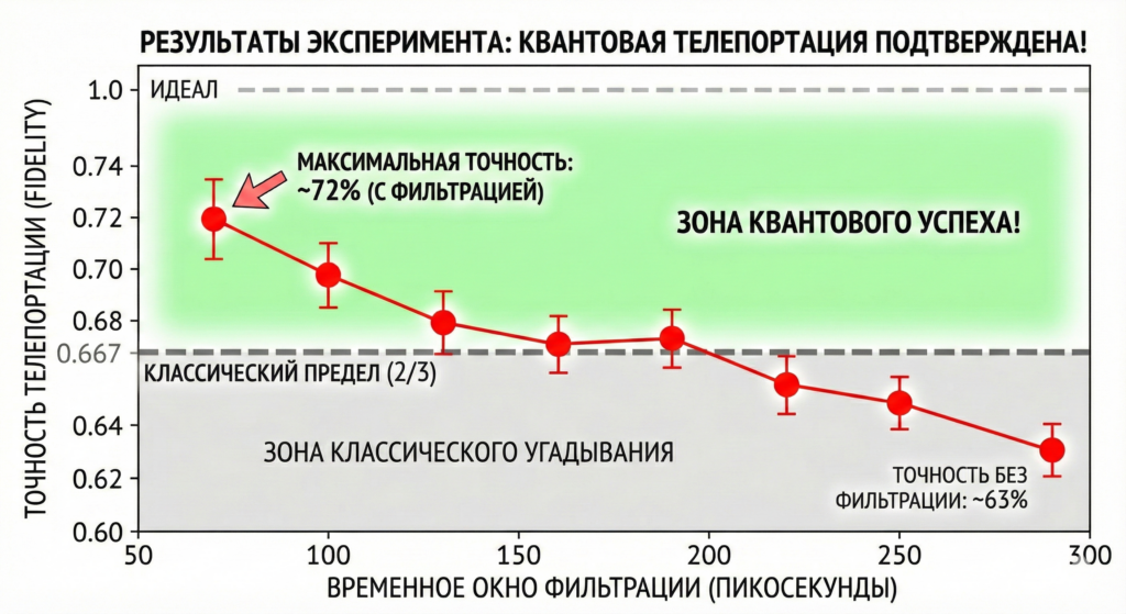 График демонстрирует результаты эксперимента, где измеренная точность квантовой телепортации (красные точки с планками погрешностей) превышает классический предел 2/3 (серая пунктирная линия) при использовании узкого временного окна фильтрации. Максимальная точность достигает ~72%, попадая в «зону квантового успеха» (зеленая область), что подтверждает успешную передачу квантового состояния. При увеличении временного окна (без фильтрации) точность снижается до уровня классического угадывания (~63%, серая область).